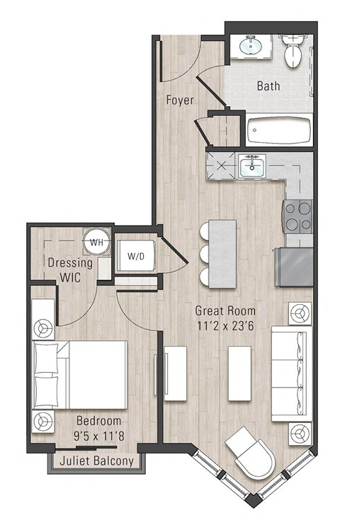 Floor plan for 1 bed, 1 bath, 550 sqft